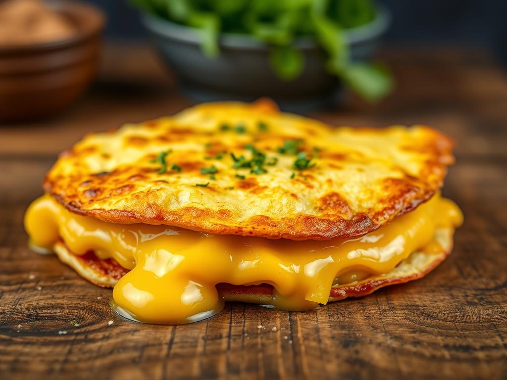 A close-up shot of a fluffy Cheese Omelette, oozing with melted cheese, garnished with a sprinkle of herbs. The background should be a softly blurred rustic wooden table, emphasizing the vibrant colors of the dish. The image should be hyper-realistic, shot with a 45mm f/1.2 lens, focusing solely on the omelette to create an inviting and mouth-watering appearance.