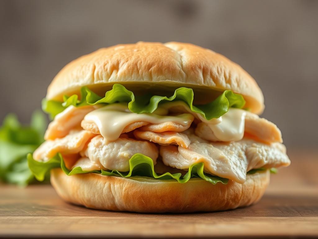 A close-up shot of a Chicken Mayo Sandwich, showcasing tender chicken breast and creamy mayonnaise between two slices of soft bread. The sandwich is garnished with fresh lettuce, emphasizing its freshness. The background is simple and unobtrusive, allowing the vibrant colors of the sandwich to stand out. The image is rendered in high resolution with a focus that mimics a 45mm f/1.2 lens style, capturing the textures and details in hyper-realistic quality. The primary color of the image should harmonize with