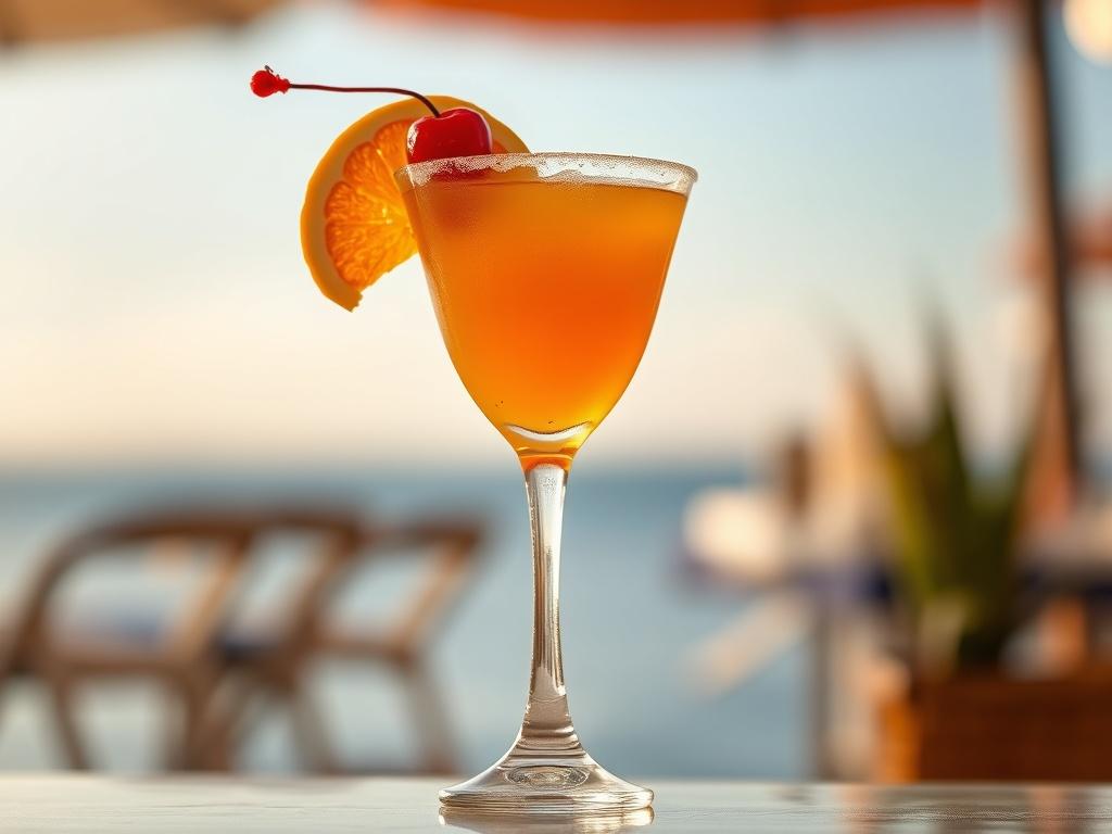 A close-up shot of a vibrant Sex on the Beach cocktail served in a tall glass. The drink is a bright orange color with a slice of orange and a cherry on top. The glass is elegantly rimmed with sugar. The background is softly blurred, emphasizing the cocktail, and the lighting is warm and inviting, reflecting a tropical vibe. The overall composition is simple and focused, showcasing the drink in a hyper-realistic style, shot with a 45mm f/1.2 lens.
