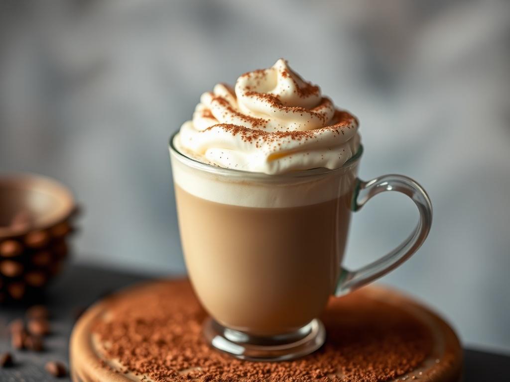 A close-up shot of a Babyccino served in a charming cup, topped with creamy froth and a light sprinkle of cocoa powder. The background is softly blurred to emphasize the drink, showcasing its rich texture and inviting appearance. The colors are warm and inviting, with a focus on the creamy white of the milk and the subtle brown of the cocoa. The image is vibrant and detailed, optimized for a high-resolution display.