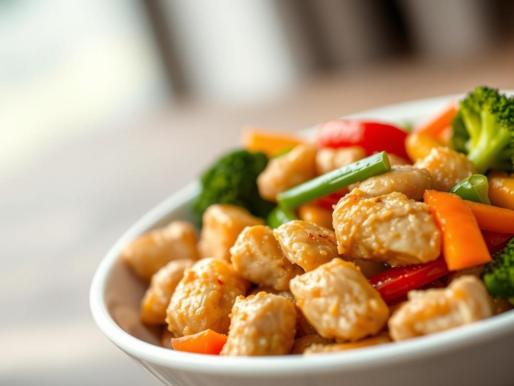 A close-up shot of a delicious Chicken Stir Fry, featuring tender chicken pieces and a vibrant mix of fresh vegetables. The dish is served in a simple white bowl, with colorful bell peppers, broccoli, and carrots beautifully arranged. The background is softly blurred, emphasizing the dish's vivid colors and textures, shot with a 45mm f/1.2 lens. The image captures the essence of a wholesome meal, inviting viewers to indulge.