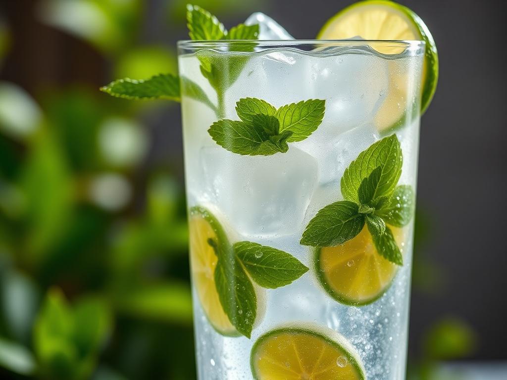 A close-up shot of a Virgin Mojito in a tall glass, filled with ice and garnished with fresh mint leaves and lime wedges. The glass catches the light, showing condensation on the outside, and the vibrant green of the mint contrasts beautifully with the clear soda. The background is softly blurred to highlight the drink, with a hint of natural greenery to evoke a fresh, tropical feel. The image should be rendered in high-resolution with a focus on realism, ideal for showcasing the drink's refreshing qualitie