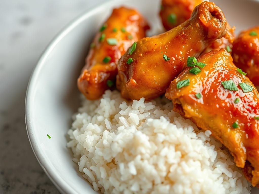 A close-up shot of crispy chicken wings garnished with fresh herbs, served alongside a portion of fluffy white rice. The wings should be golden brown with a shiny glaze, showcasing their delicious texture. The background should be a simple and clean surface that complements the vibrant colors of the food. The image should be high-resolution, focusing on the details of the wings and rice, shot with a 45mm f/1.2 lens style.