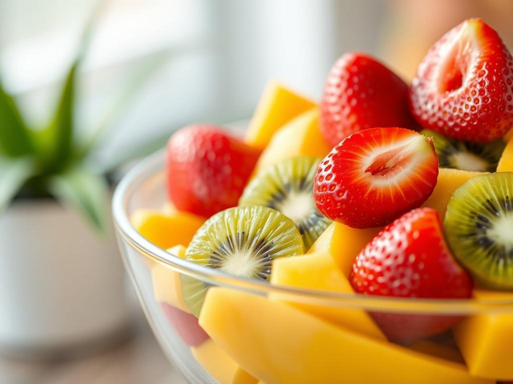 A close-up shot of a vibrant fruit salad featuring strawberries, bananas, mangoes, and kiwi in a clear glass bowl. The fruits should be fresh and juicy, showcasing their colors and textures. The background should be softly blurred to emphasize the fruit salad, with natural lighting highlighting the freshness of the fruits. The composition should be simple and clear, focusing solely on the fruit salad.