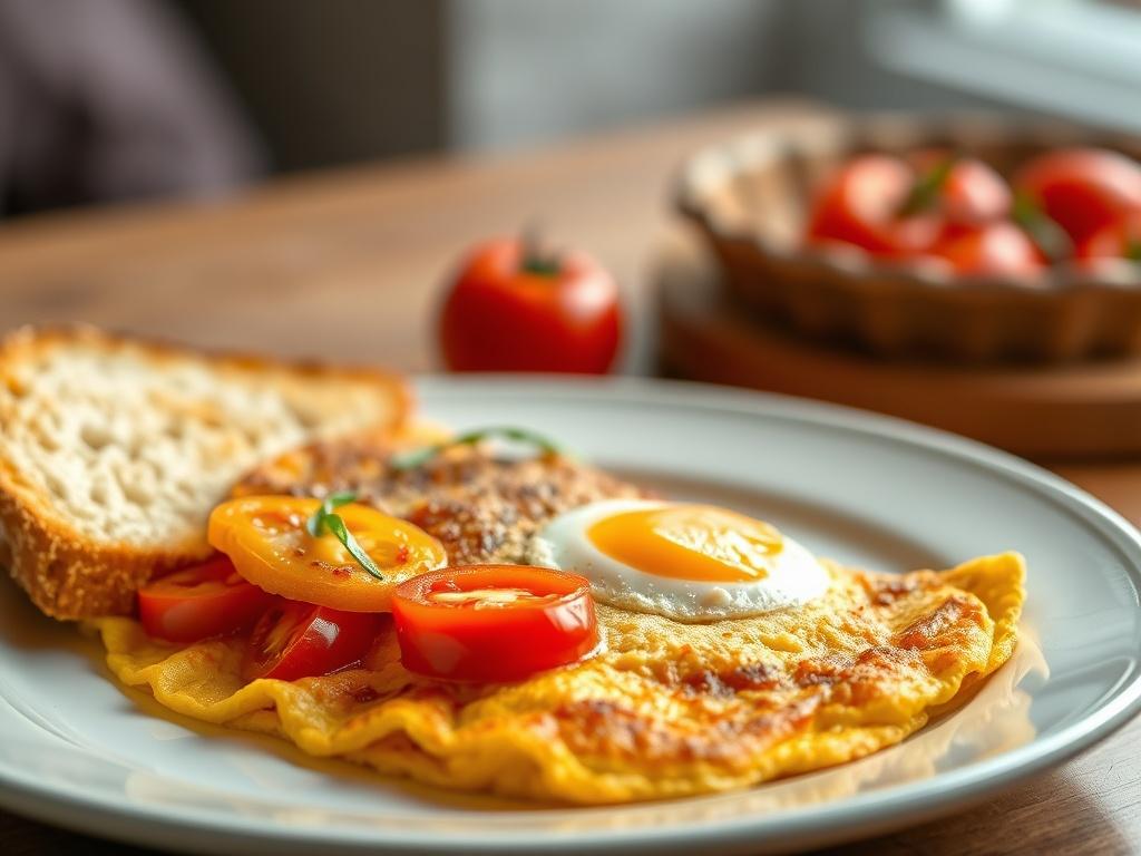 A close-up of a perfectly cooked Tomato Omelette with a golden-brown color, featuring vibrant red tomatoes and fluffy eggs. The omelette is served on a white plate alongside a slice of crispy, toasted bread. The background is softly blurred to emphasize the dish, with natural light highlighting the freshness of the ingredients. The color palette is warm and inviting, with an emphasis on the rich tones of the food.