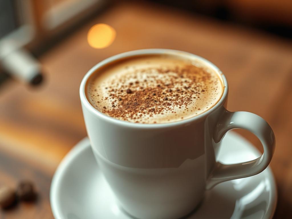 A close-up shot of a Grande Cappuccino in a white ceramic cup, featuring rich espresso and velvety steamed milk topped with a light dusting of cocoa powder. The background should be softly blurred to emphasize the coffee cup, with warm, inviting lighting to create a cozy ambiance. The image should be rendered in high-resolution with a focus on the textures of the coffee and the smoothness of the milk, compatible with rgb(50, 170, 39).