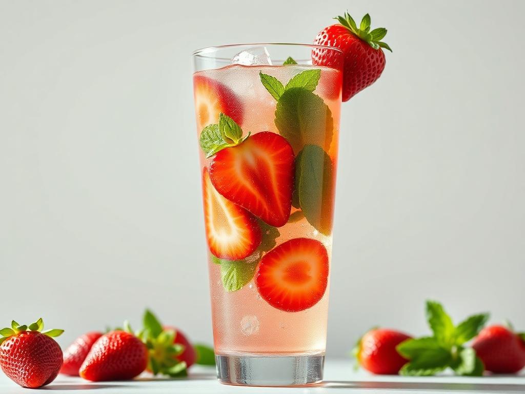A close-up shot of a vibrant strawberry mojito in a tall glass, filled with fresh strawberries and mint leaves, sparkling soda creating bubbles, set against a clean, simple background with soft natural light. The glass is elegantly garnished, showcasing the refreshing nature of the drink, and the color palette features shades of red, green, and clear, with a focus on the realism of the ingredients.