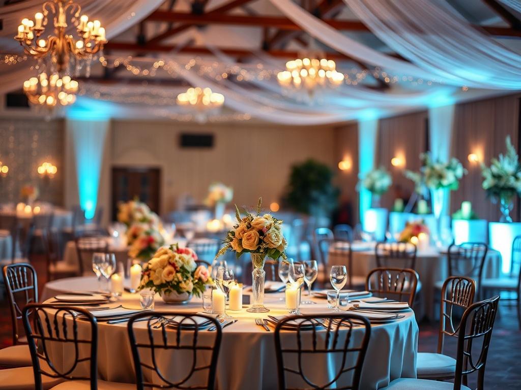 A beautifully decorated event space set up for a wedding celebration, featuring elegant tables with floral centerpieces and ambient lighting. The scene captures a warm and inviting atmosphere, with soft focus on the background. The image should be taken with a 45mm f/1.2 lens to emphasize the details of the decor while maintaining a soft blur of the surroundings, showcasing the essence of an exclusive venue booking.