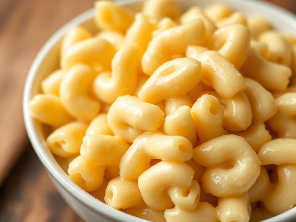 A close-up shot of a bowl of Plain Mac 'n' Cheese, featuring macaroni pasta coated in a rich creamy white sauce. The background should be softly blurred to emphasize the vibrant texture of the pasta. The image should be realistic and high-resolution, showcasing the dish with a simple and clear composition, using a 45mm f/1.2 lens style.