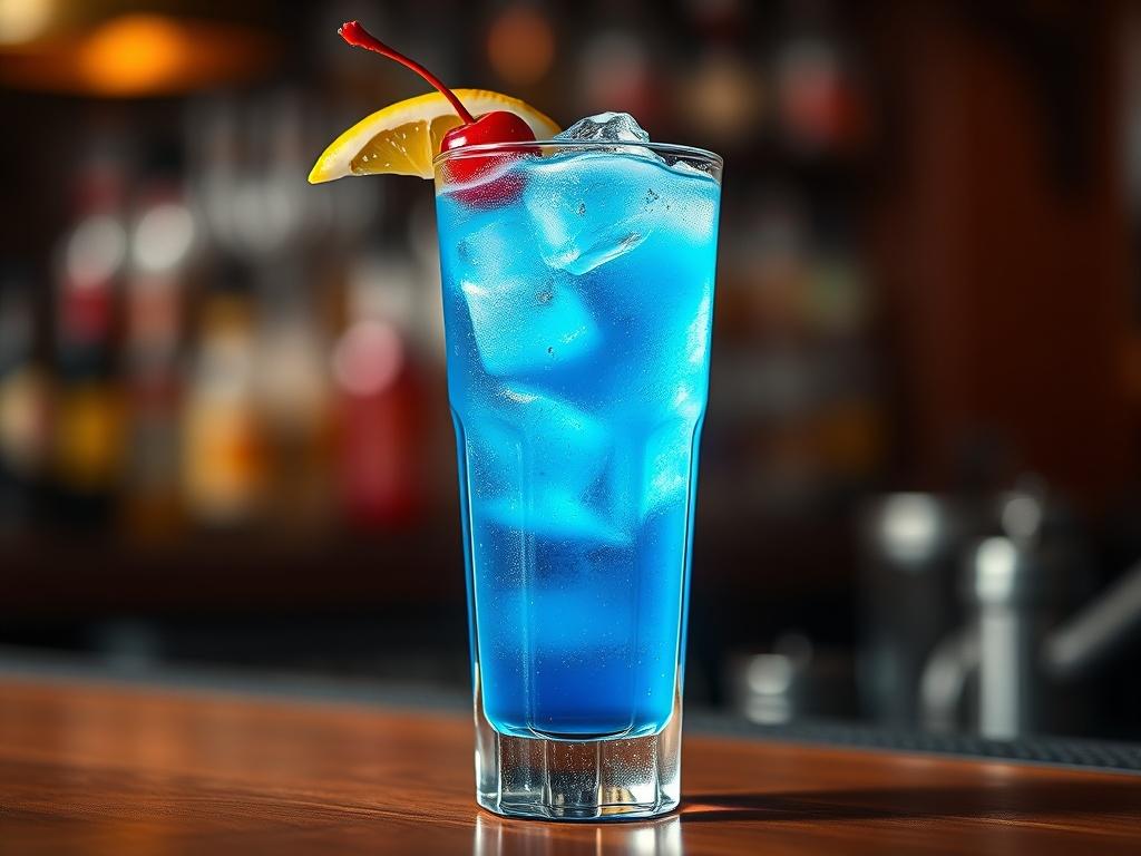 A close-up shot of a vibrant Electric Long Island cocktail in a tall glass, garnished with a slice of lemon and a cherry. The drink showcases a beautiful blue hue with ice cubes visible. The background is softly blurred to emphasize the cocktail, with a hint of a wooden bar surface in the foreground. Shot with a 45mm f/1.2 lens style, focusing on the details and textures of the drink.