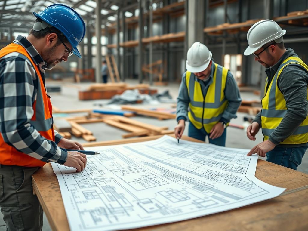 A construction site with professionals collaborating, utilizing layout plans
