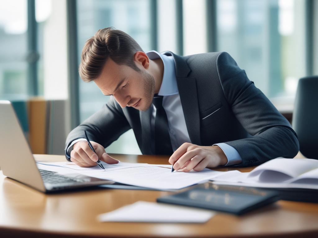 high-resolution photo of an entrepreneur reviewing financial documents in a bright office, close-up shot, 45mm f/1.2 lens, simple background