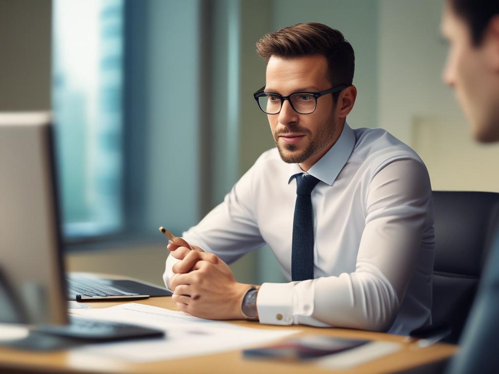A close-up shot of a professional financial planner discussing wealth building strategies with a client, set against a modern office backdrop with soft lighting.