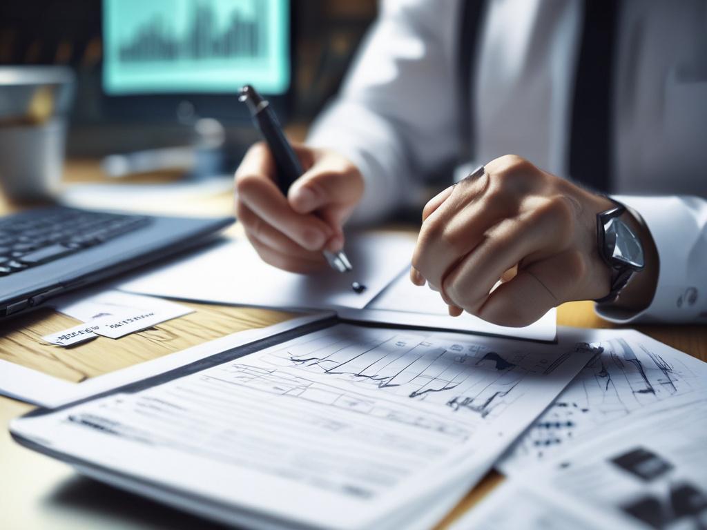A close-up shot of a stock market analyst reviewing charts and data on a tablet, surrounded by financial reports in a bright, well-organized workspace.