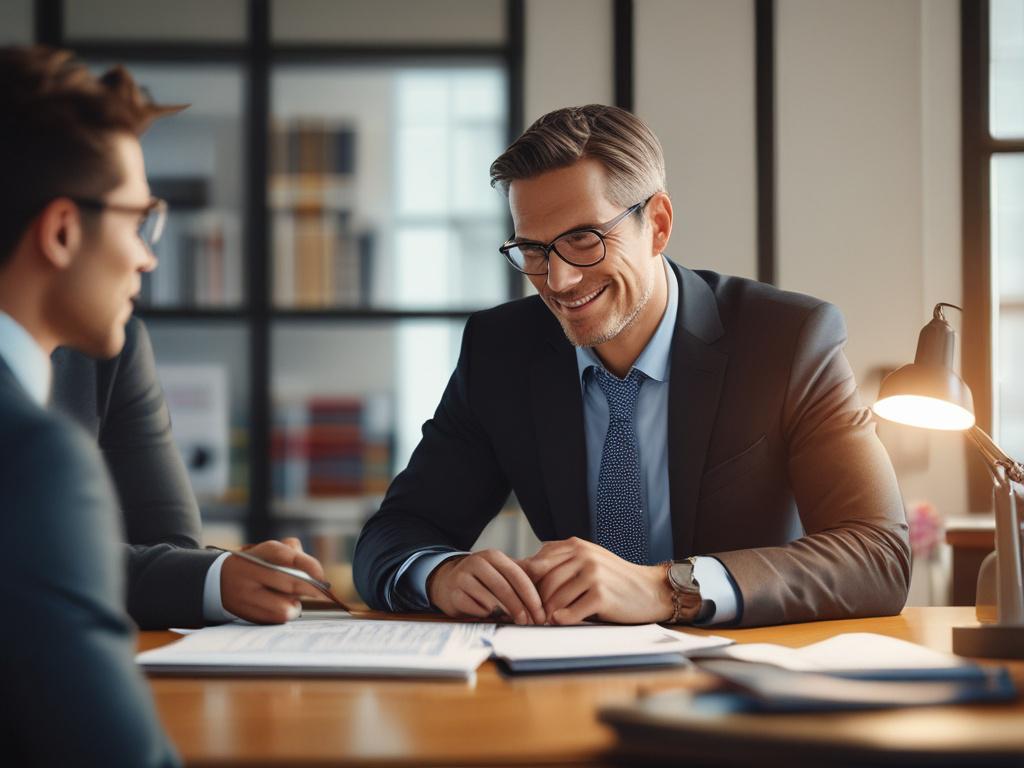 A close-up shot of a financial advisor engaging in a one-on-one session with a client, with a backdrop of financial charts and documents in a cozy office setting.