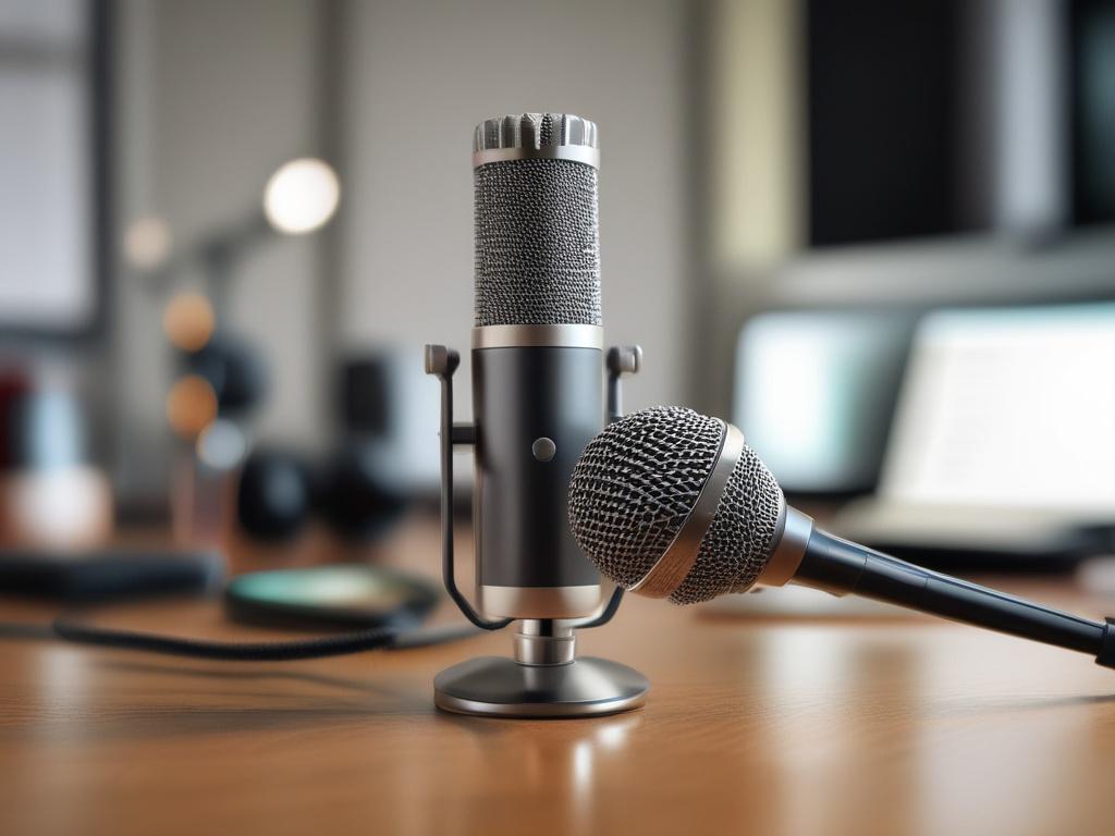A close-up shot of a microphone in a stylish podcast studio, with headphones and sound equipment in the background. The setting is modern and well-designed, creating an inviting atmosphere for listeners. The color scheme incorporates the rgb(243, 153, 62) primary color, enhancing the overall aesthetic.