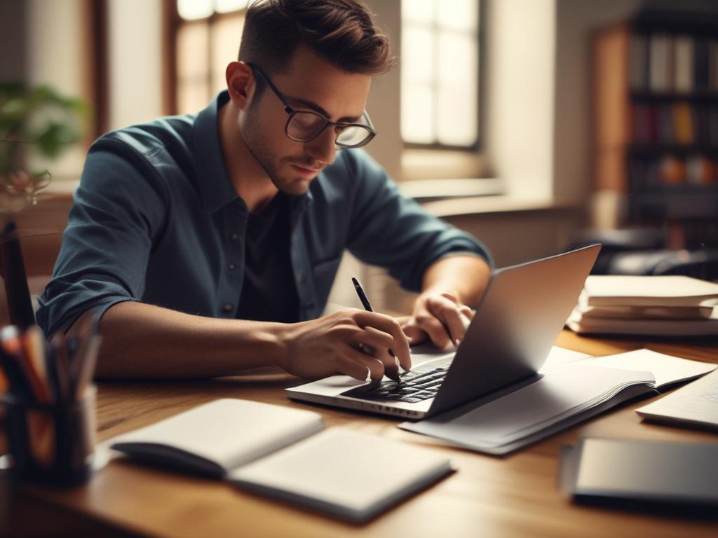 A close-up shot of a person studying on a laptop at a modern desk, surrounded by financial books and a notepad, with a warm and inviting atmosphere. The individual is focused and taking notes, showcasing a productive learning environment. The background is softly blurred to emphasize the subject, with a color palette that includes the rgb(243, 153, 62) primary color.