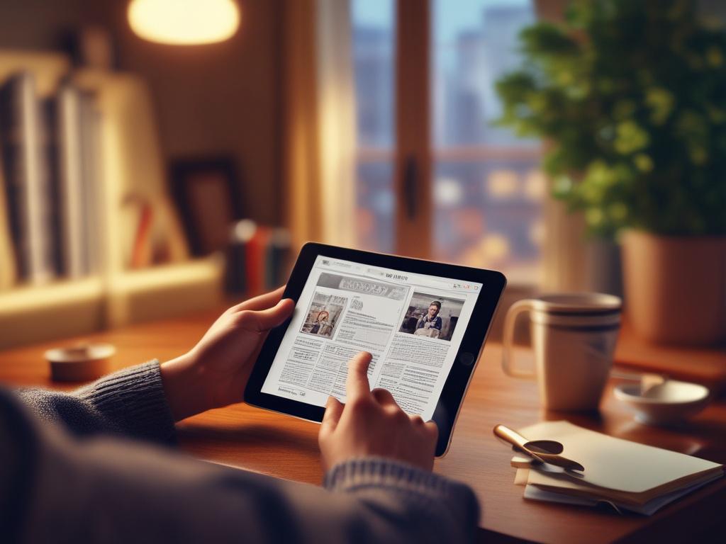 A vibrant close-up shot of a person reading a financial article on a tablet, seated in a cozy nook with a cup of coffee. The warm lighting and inviting decor create a sense of comfort, while the background showcases a bookshelf filled with finance-related titles. The overall color scheme incorporates the rgb(243, 153, 62) primary color.