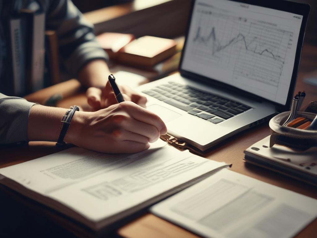 close up shot of a person studying investment materials, focused