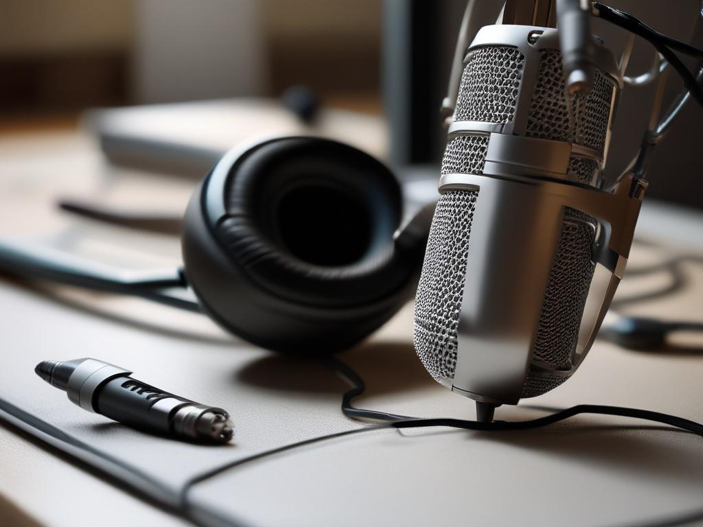 close up shot of a podcast recording setup with microphones