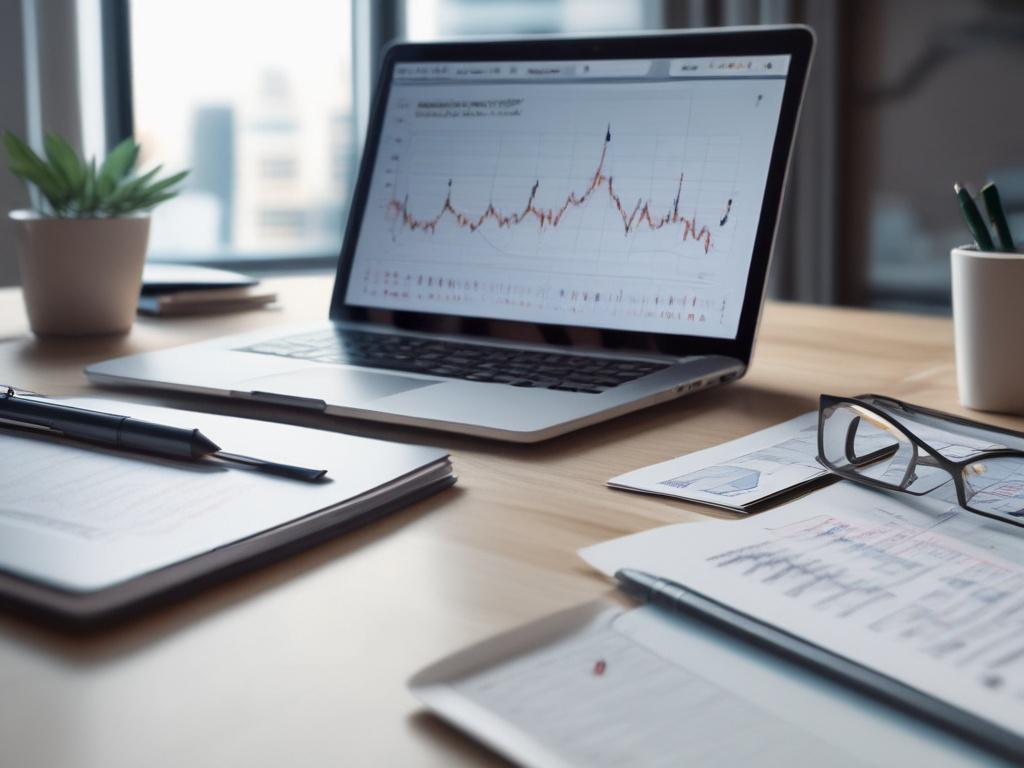 A close-up shot of an open laptop displaying financial graphs and charts, with a notepad and pen beside it. The setting is a modern office desk with a clean background. The lighting is warm and inviting, emphasizing the details on the laptop screen.