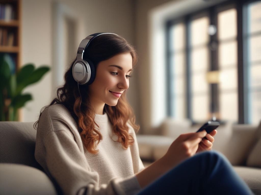 A close-up shot of a person wearing headphones, intently listening to a podcast on their smartphone. The setting is a comfortable living room with soft lighting and a cozy ambiance.
