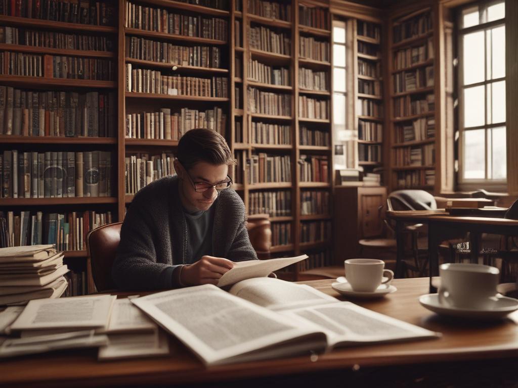 A focused shot of a person reading an investment book, surrounded by notes and a coffee cup. The background is a cozy study with bookshelves filled with finance literature. The lighting is soft, creating a warm and inviting atmosphere.
