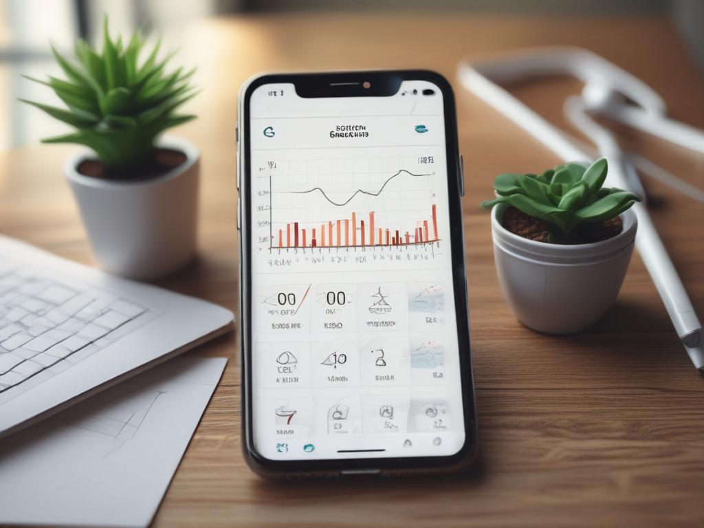A close-up of a sleek smartphone displaying a wealth management app with graphs and statistics. The background is a stylish home office setup, emphasizing modern technology and organization.