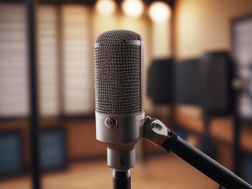 A high-resolution close-up of a microphone set up in a cozy podcasting studio. The background should include soundproof panels and a warm light ambiance. The composition should focus solely on the microphone, symbolizing the essence of engaging conversations about finance, with colors that align with rgb(243, 153, 62).