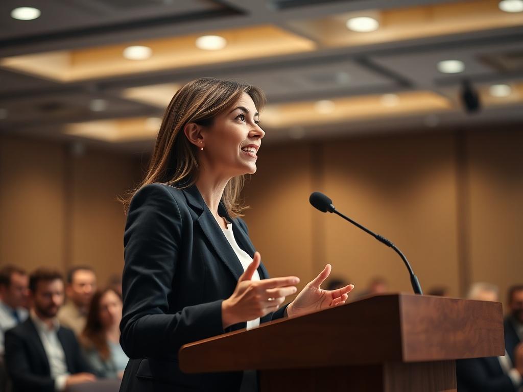 A close-up shot of a confident female speaker standing at a podium, passionately addressing an audience. The background features a blurred conference room setting filled with attentive listeners. The speaker is dressed professionally, exuding enthusiasm and authority, with bright lighting highlighting her face. The image captures the essence of engagement and inspiration, focusing solely on the speaker in a hyper-realistic style, compatible with the rgb(50, 170, 39) primary color.
