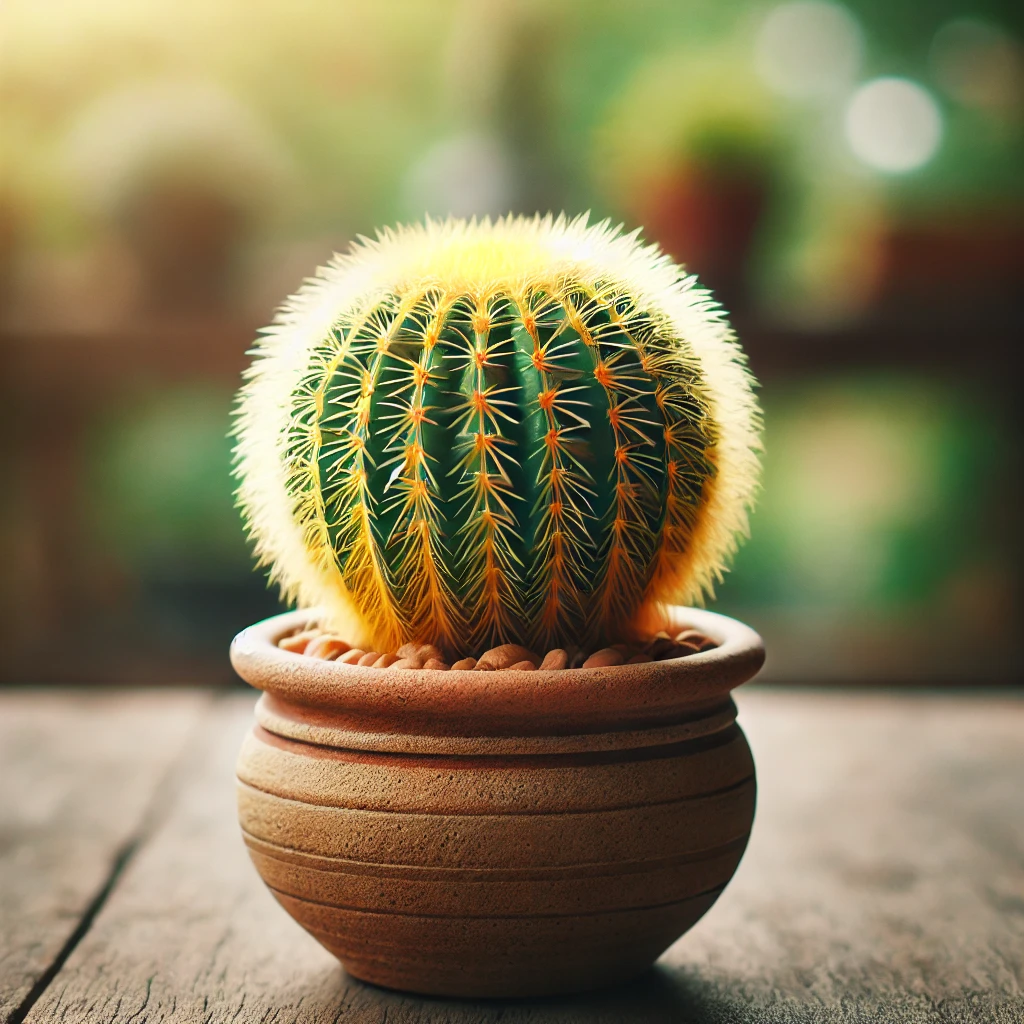 dall·e 2024-12-22 04.55.02 - a beautiful image of a golden barrel cactus planted in a decorative terracotta pot. the cactus features its iconic golden-yellow spines and rounded sh.webp