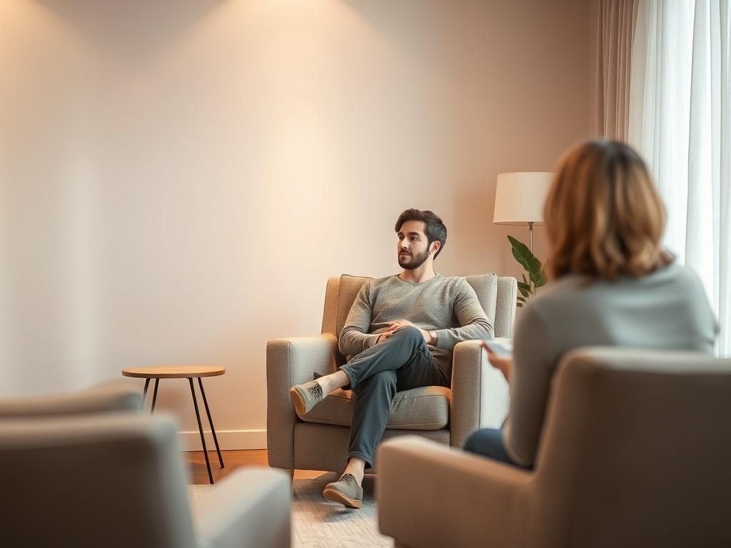 A serene coaching session in a softly lit room, featuring a single individual seated comfortably in a plush armchair, engaged in conversation with a coach. The background shows soft, neutral colors with gentle lighting that creates a peaceful atmosphere. The individual appears thoughtful and reflective, embodying the process of personal growth. A warm ambiance surrounds them, emphasizing a safe space for transformation. The scene aligns with the primary color #FF6E4E, enhancing the overall warmth and inviti