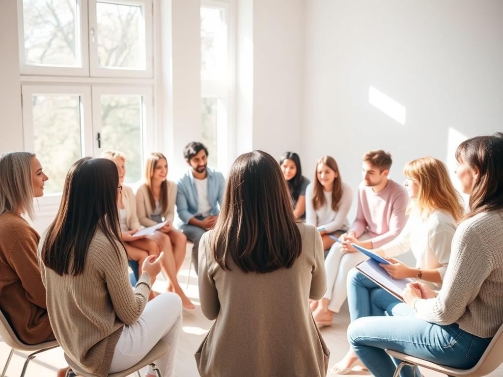 A diverse group of individuals gathered in a circle in a bright, inviting room. They are engaged in a lively discussion, with some taking notes and others sharing ideas. The atmosphere is warm and encouraging, with natural light streaming through large windows. The color scheme complements rgb(4, 104, 120), creating a harmonious environment that reflects a sense of community and support.