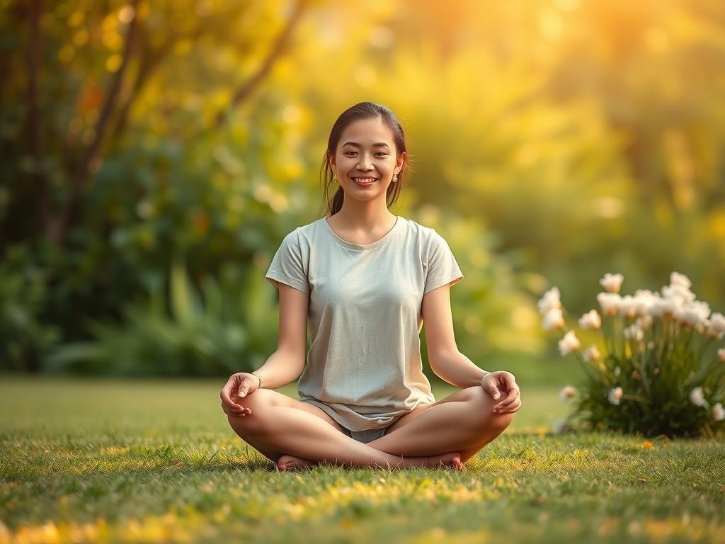 A serene scene of a calm outdoor setting with soft, natural lighting. The focus is on a peaceful individual sitting cross-legged on a grassy area, with a gentle smile, embodying tranquility and openness. The background features lush greenery and soft, blurred flowers, creating a harmonious atmosphere that invites transformation.