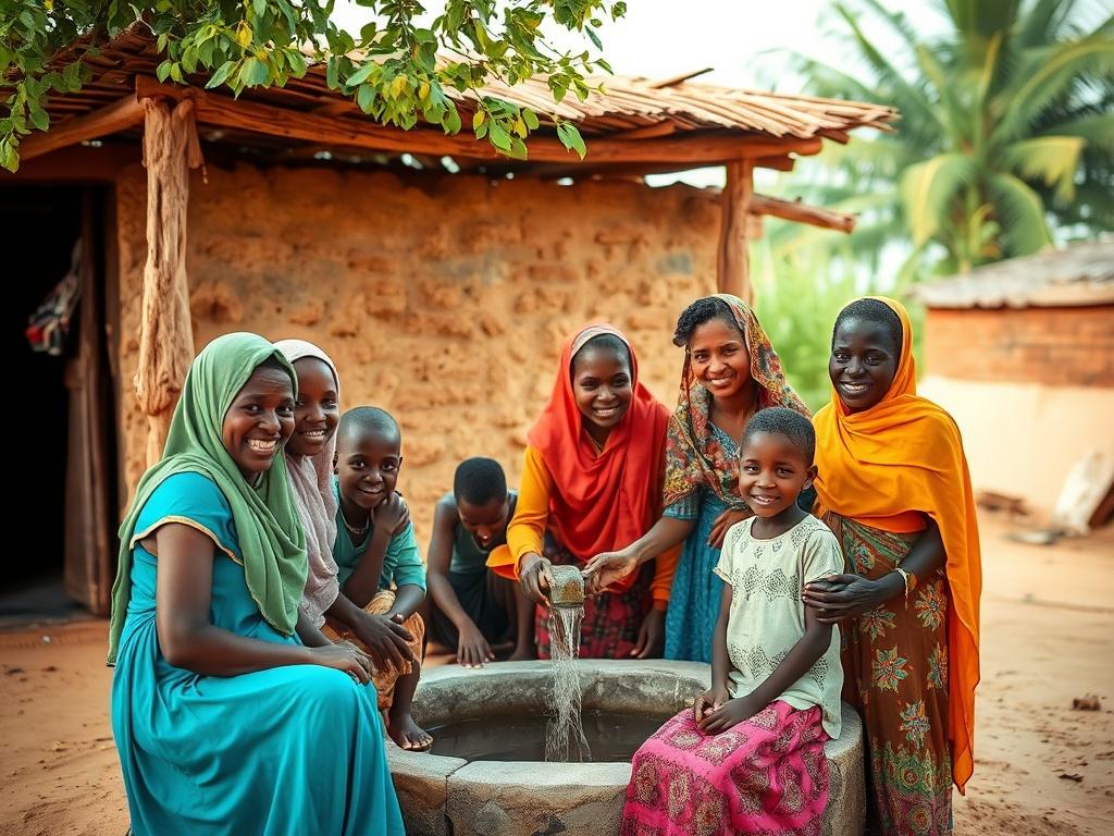 A vibrant community scene in Sudan, showcasing local families gathering around a water well, smiling and interacting. The setting is bright and filled with life, reflecting a sense of community and hope, with soft tones and natural lighting.