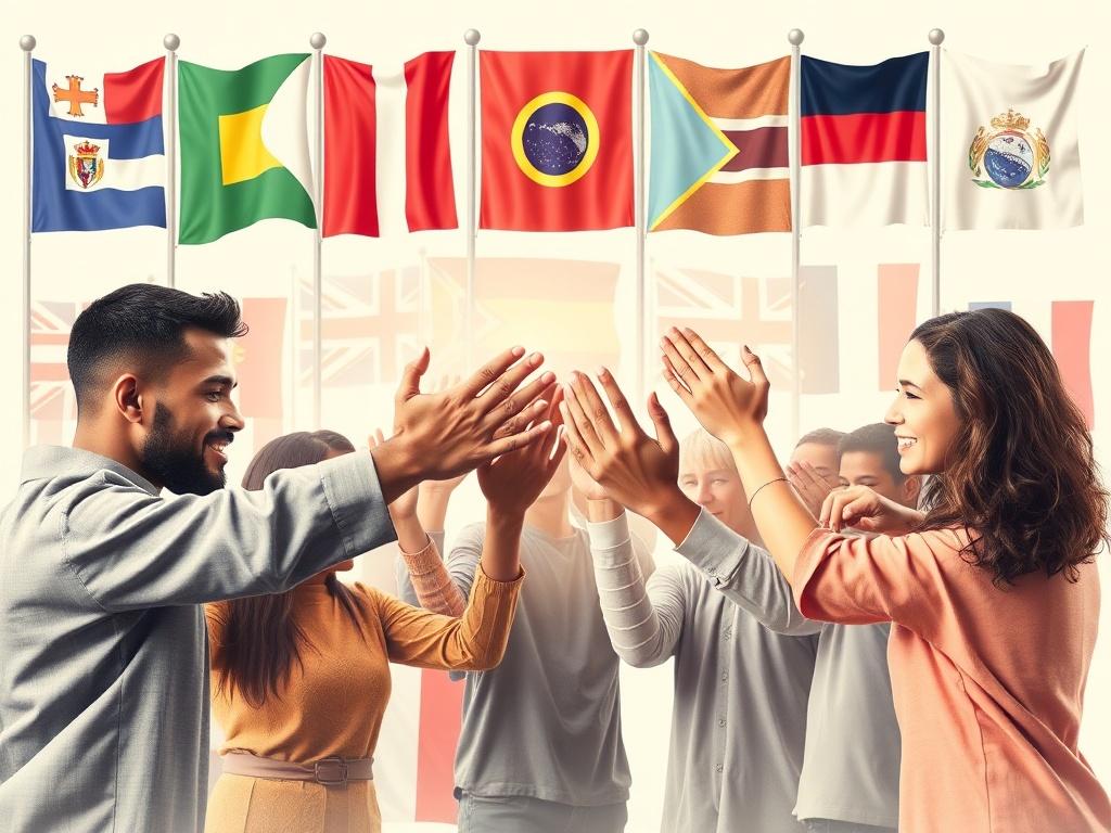 A collage of diverse individuals from different cultures, holding hands together, symbolizing unity and global support. The background features flags of various countries, creating a vibrant and inclusive atmosphere with soft tones.