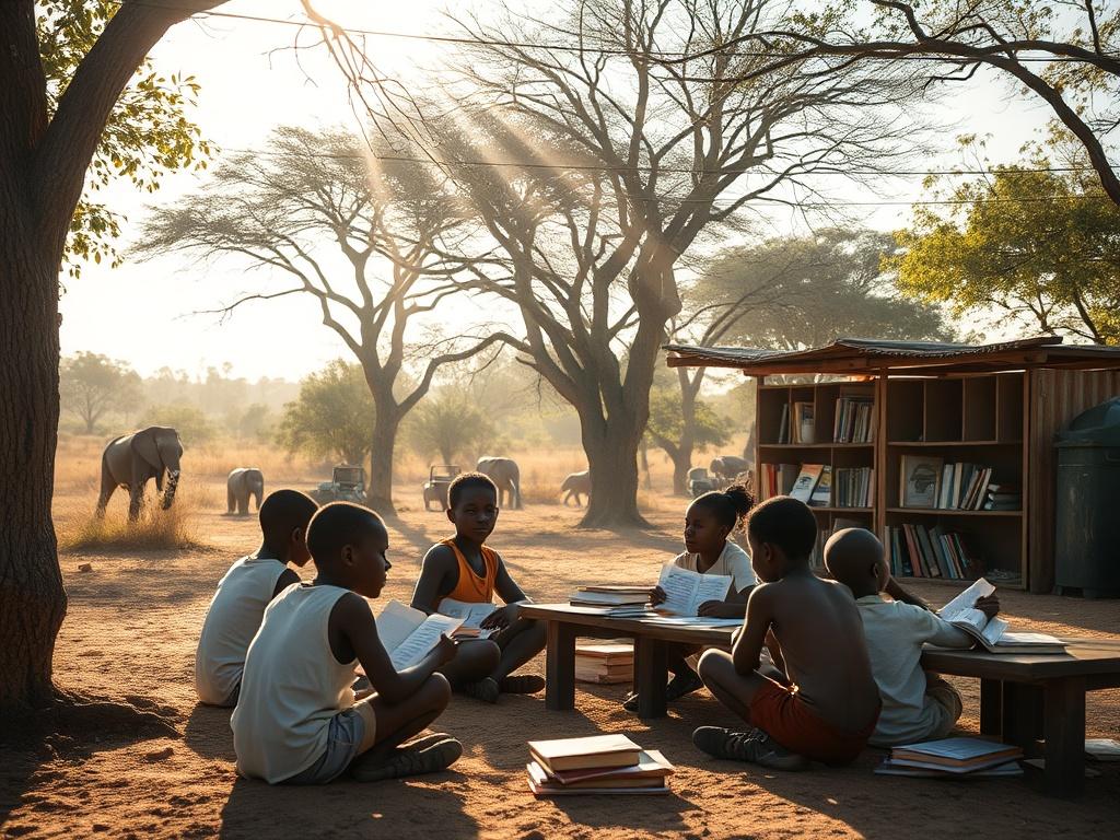 A serene landscape of Namibia with a group of local children learning in a community center, surrounded by books and educational materials. The sunlight filters through the trees, creating a warm and hopeful atmosphere, with soft tones and gentle lighting.