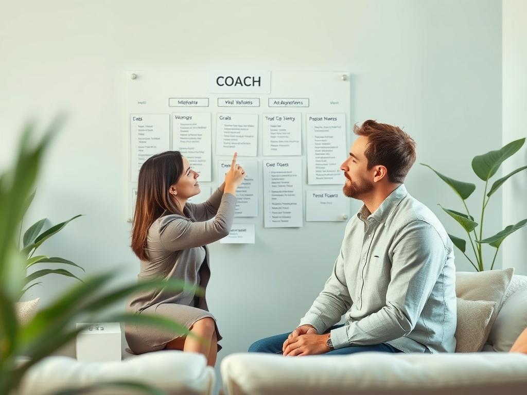 A tranquil coaching environment where a coach guides a client through a goal-setting session. The coach, a professional woman, points to a vision board filled with goals and aspirations. The client, a man in his thirties, looks inspired and engaged. The background features soft, calming colors like light blue and green, with natural elements like plants to enhance the peaceful atmosphere.