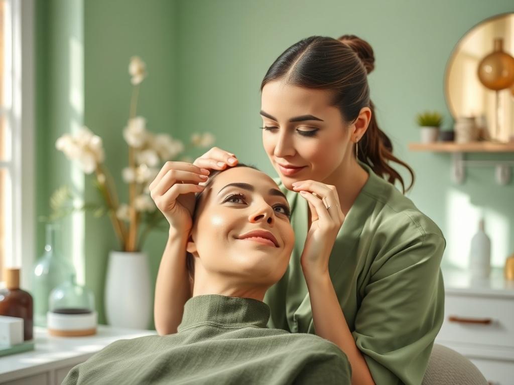 A professional aesthetician shaping a client's brows in a serene