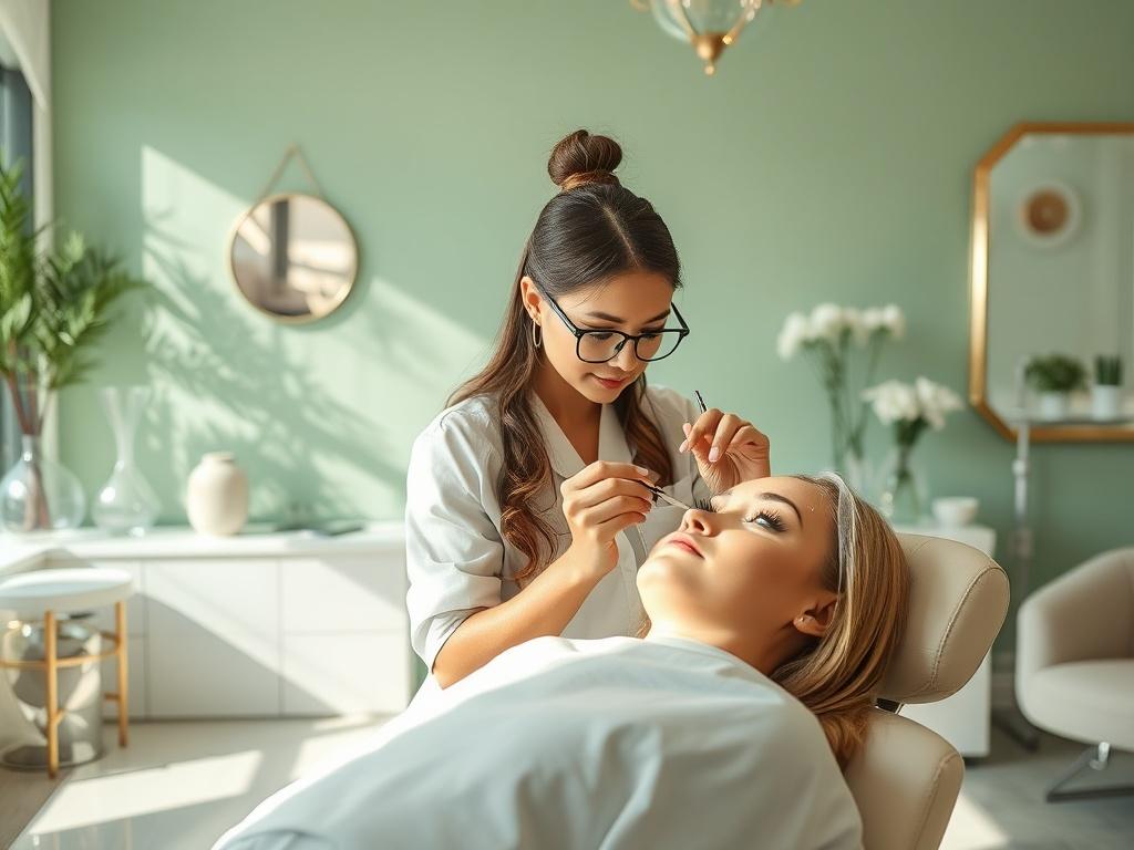 Create a realistic high-resolution photo featuring a serene beauty salon setting with soft green hues. The image should focus on a professional beautician gently applying eyelash extensions to a client. Use natural lighting that enhances the tranquility of the space, with minimalist design elements visible in the background, such as elegant decor and soft furnishings. The atmosphere should convey relaxation and beauty, making the viewer feel welcomed and pampered.