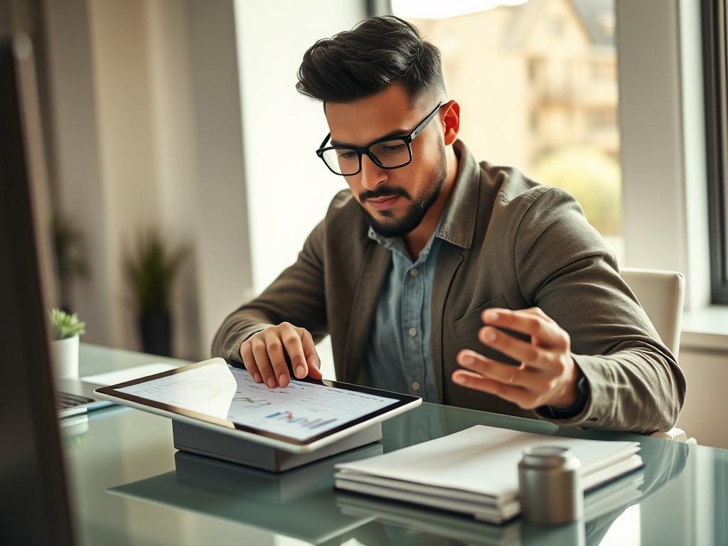 A realistic high-resolution close-up shot of a confident individual analyzing financial charts on a sleek digital tablet, sitting at a modern desk with natural light highlighting their focused expression. The image is captured with a 45mm f/1.2 lens style, featuring subtle green accents compatible with rgb(50, 170, 39) in the background. The composition is simple and clear, emphasizing empowerment and clarity in financial planning.