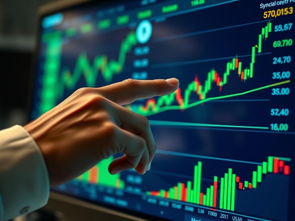 A hyper-realistic close-up shot of a trader's hand interacting with a sleek, modern touchscreen trading interface displaying dynamic stock charts and cryptocurrency prices. The background is softly blurred, highlighting the focused action, captured with a 45mm f/1.2 lens style. The scene uses a color palette compatible with rgb(50, 170, 39), emphasizing green tones that symbolize growth and financial success.