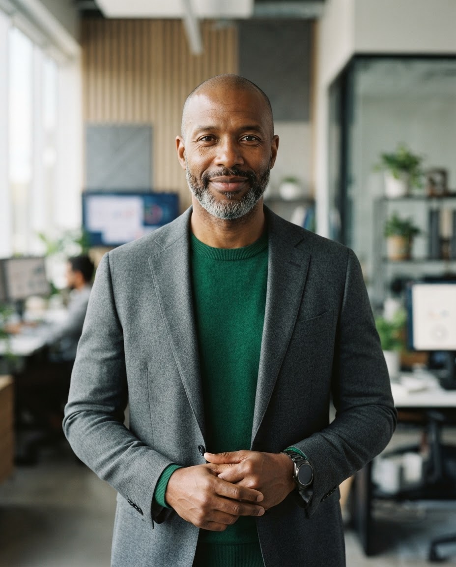 Marcus Bell, Director of Data Science, in an emerald knit and graphite jacket.