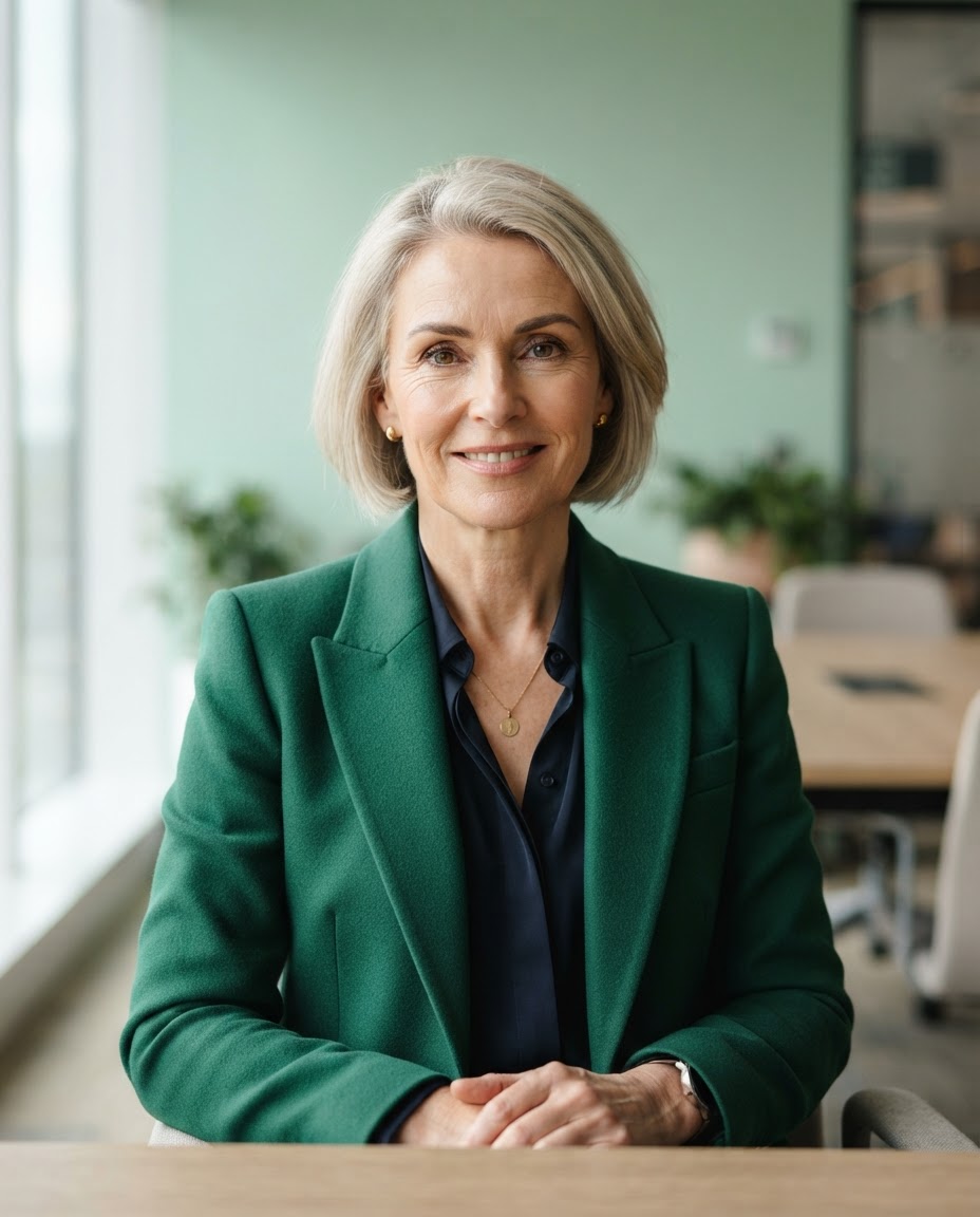 Sophie Bennett, Principal Solutions Consultant, in an emerald jacket.
