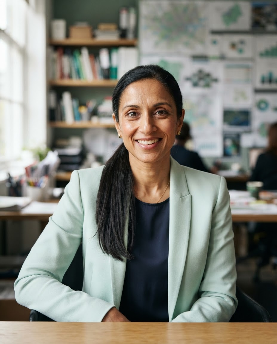 Priya Shah, VP Product, in a pale mint jacket in a planning studio.