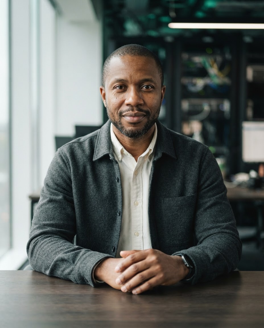 Daniel Okafor, CTO, in a graphite overshirt in a modern workspace.