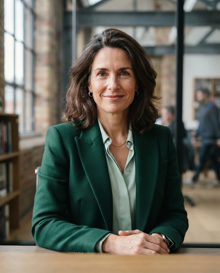 Amelia Grant, CEO, in an emerald blazer in a contemporary European office.