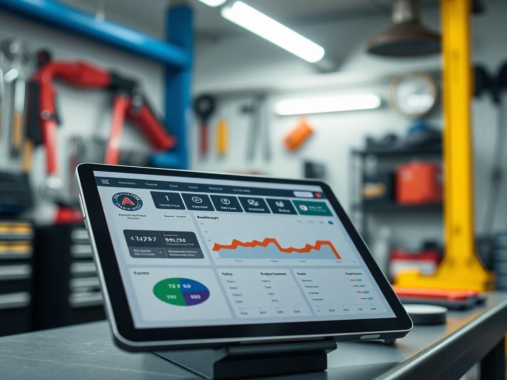 A close-up shot of a mobile mechanics service dashboard on a sleek tablet, displaying user-friendly interface elements. The background should be a soft-focus workshop setting, showcasing tools and equipment, with a color palette that includes the rgb(50, 170, 39) primary color. The lighting should be bright and inviting, emphasizing the technology and the ease of use of the mobile mechanics platform.
