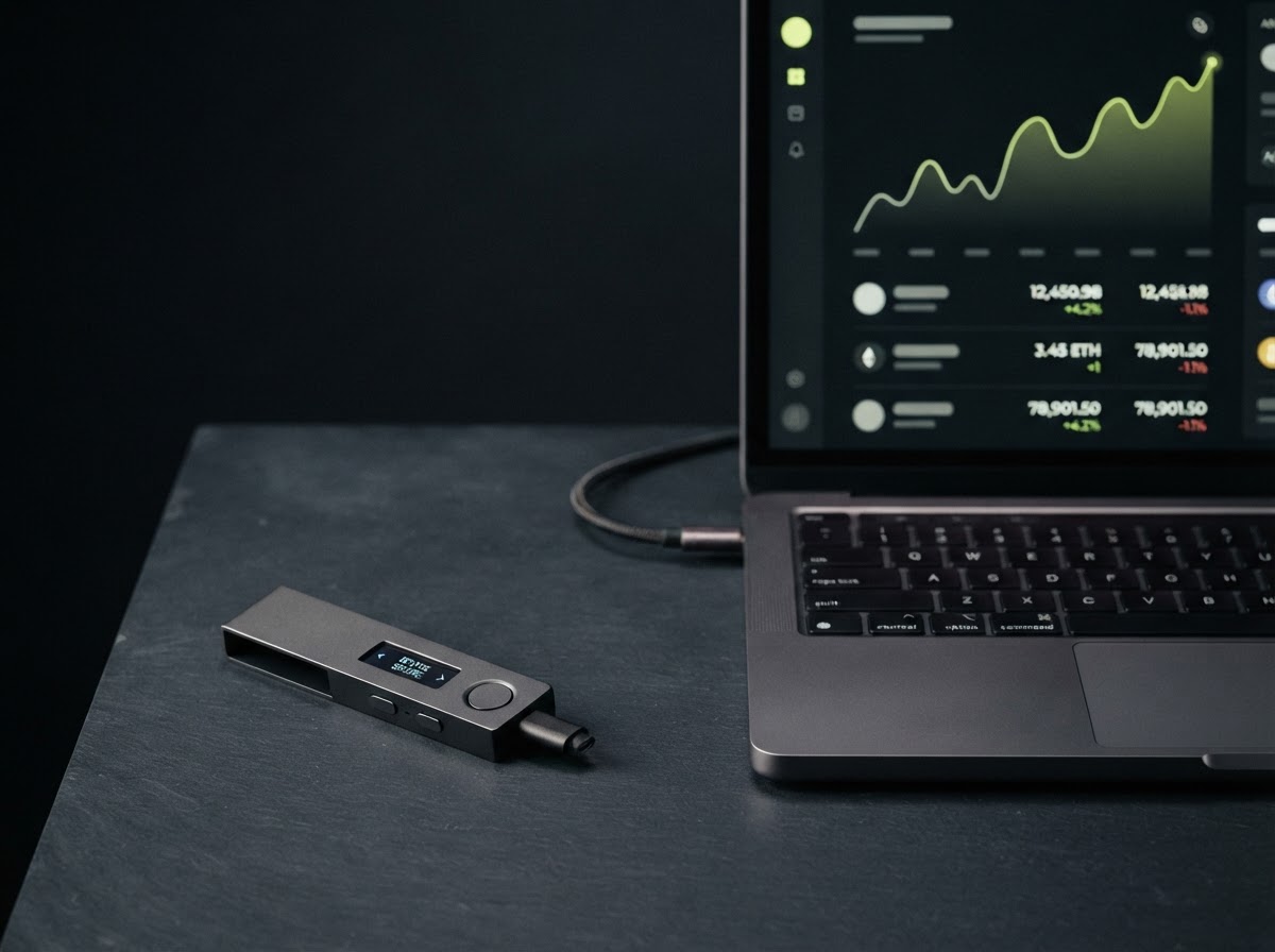 A hardware wallet beside a laptop showing a cryptocurrency portfolio overview