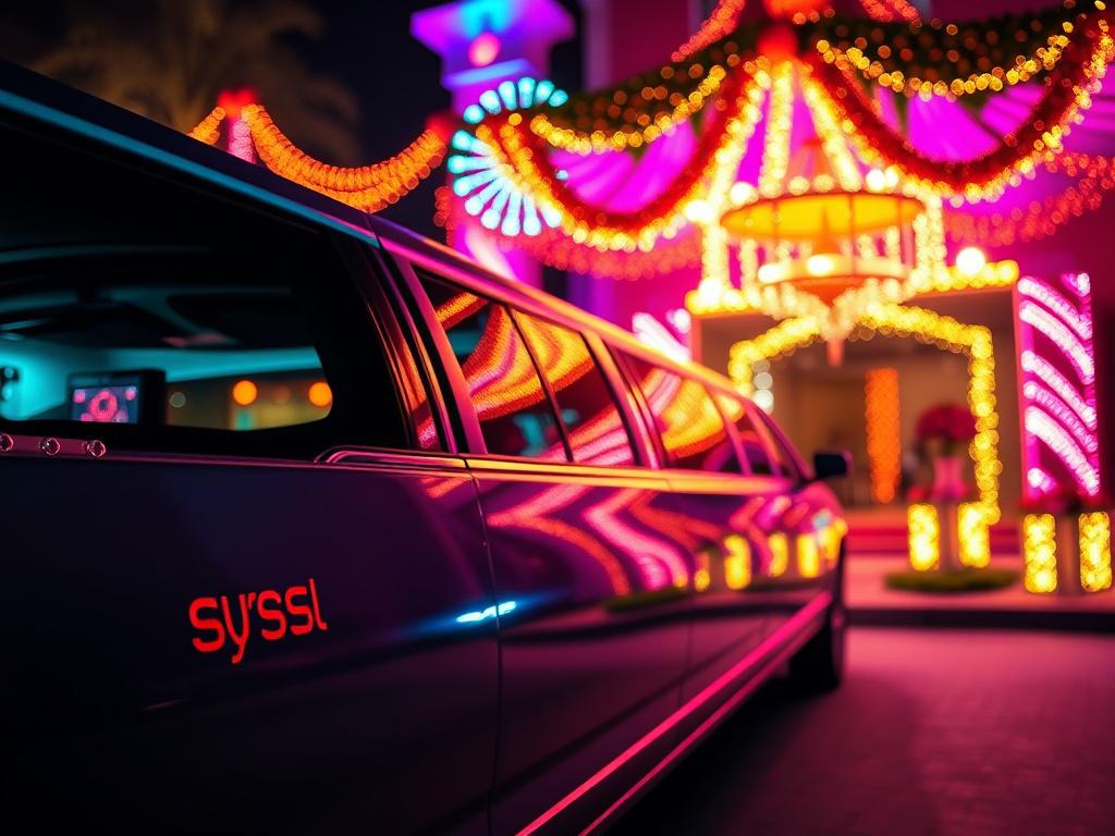 A vibrant image of a luxurious limousine waiting outside a